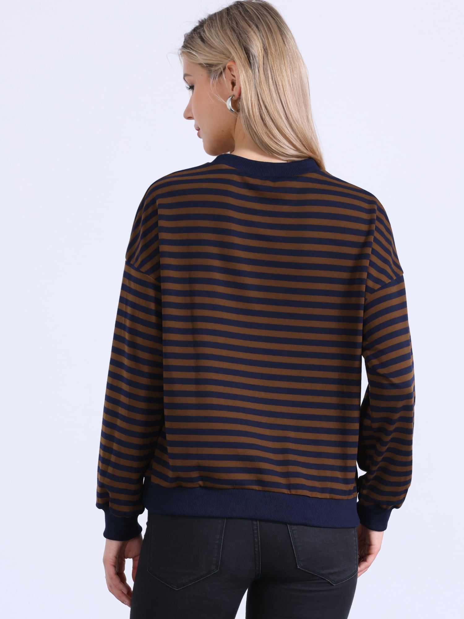 DARING DIVA Women's Crew Neck Striped Long Sleeve Sweatshirt M Brown