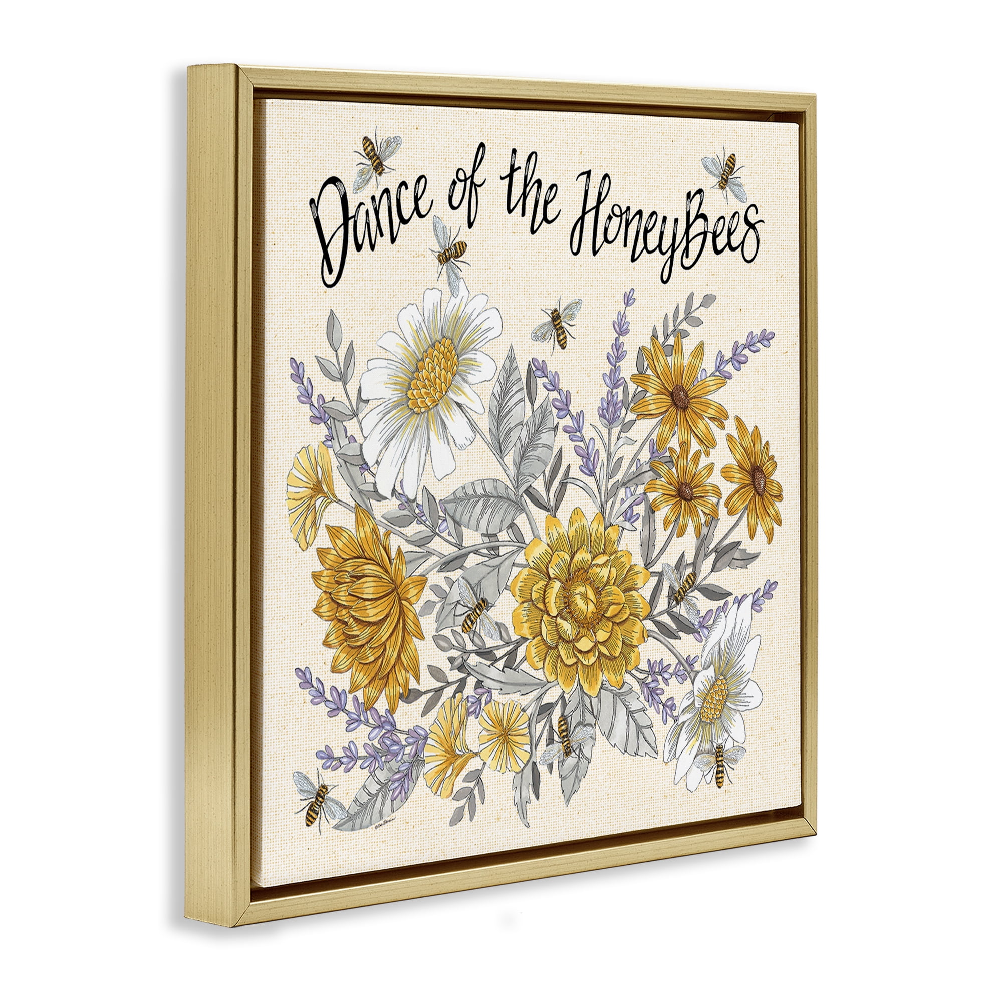 Stupell Industries Dance of Honeybees Plants & Flowers Painting Gold Floater Framed Canvas Art Print Wall Art, 18 x 18