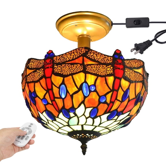 Kiven 11.8in Plug-in Flush Mount Ceiling Light Fixture, 2-Light Anti Glare Close to Ceiling Light with 15FT Cord, Tiffany-Style Glass Chandelier Dimmable for Bedroom Kitchen Hallway(No.3181)