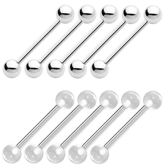 BodyJewelryOnline 10 Pack Tongue Nipple Ring Barbell and Clear Retainers Surgical Steel Body Piercing Jewelry 14g 16mm 5/8"