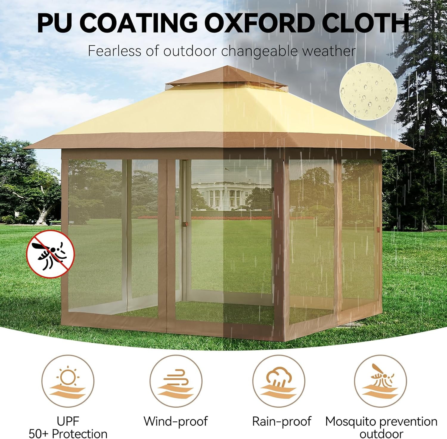 Senfot 10x10 FT Outdoor Folding Gazebo Canopy Tent with Mosquito Net Waterproof Windproof UV Proof for Camping Party Beige