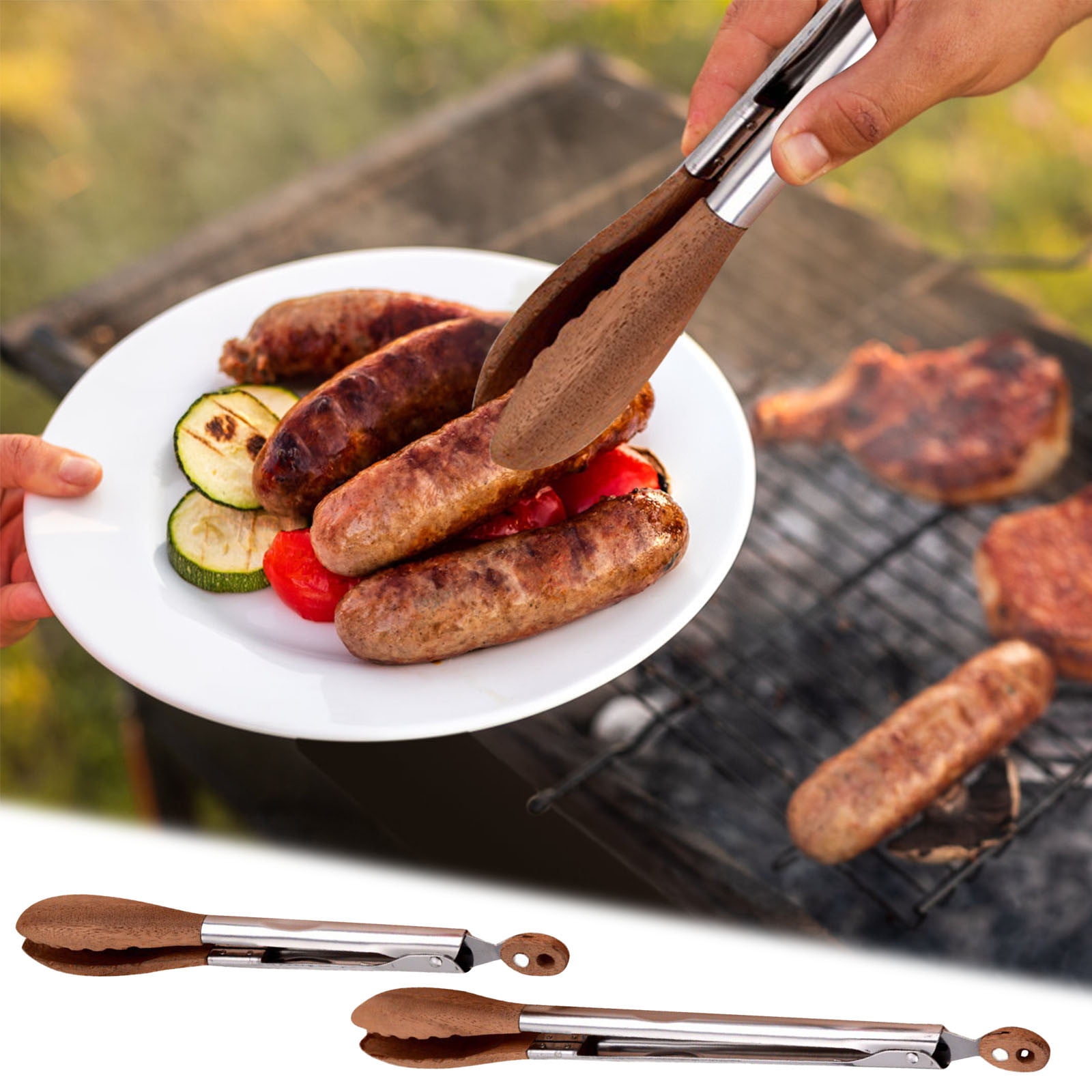 Stainless Steel Kitchen Tongs | 9-Inch and 12-Inch Barbecue Tongs Set | Walnut Wooden Food Clamps for Cooking, Serving, and Grilling | Non-Scratch Utensils for Home Kitchen and Outdoor BBQ