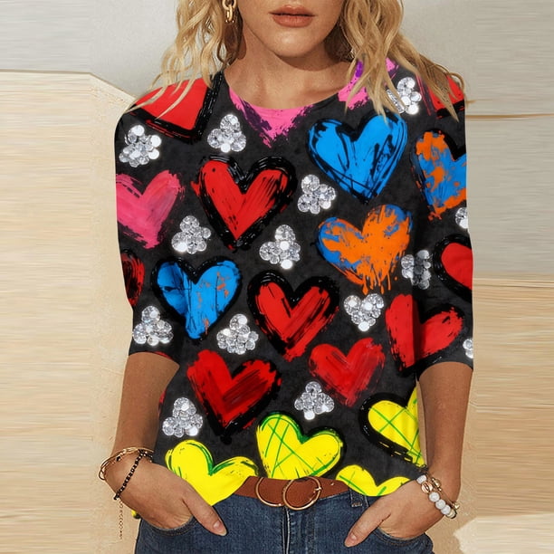 Xuyuer Womens Valentine T Shirts Love Heart Printed Graphic Tee Tops Spring Shirts Halloween Round Neck 3/4 Length Sleeve Graphic Tee Tops Fashion Casual Printed T-Shirt Top