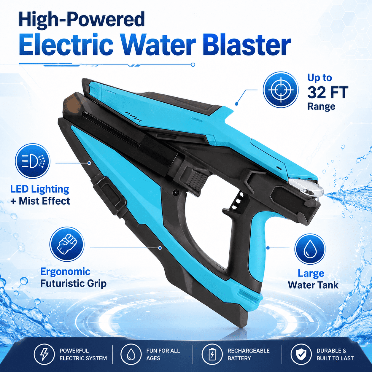 Electric Water Gun with LED & Mist Effects, Rechargeable Automatic Water Blaster with Large Tank, for Pool, Beach & Backyard