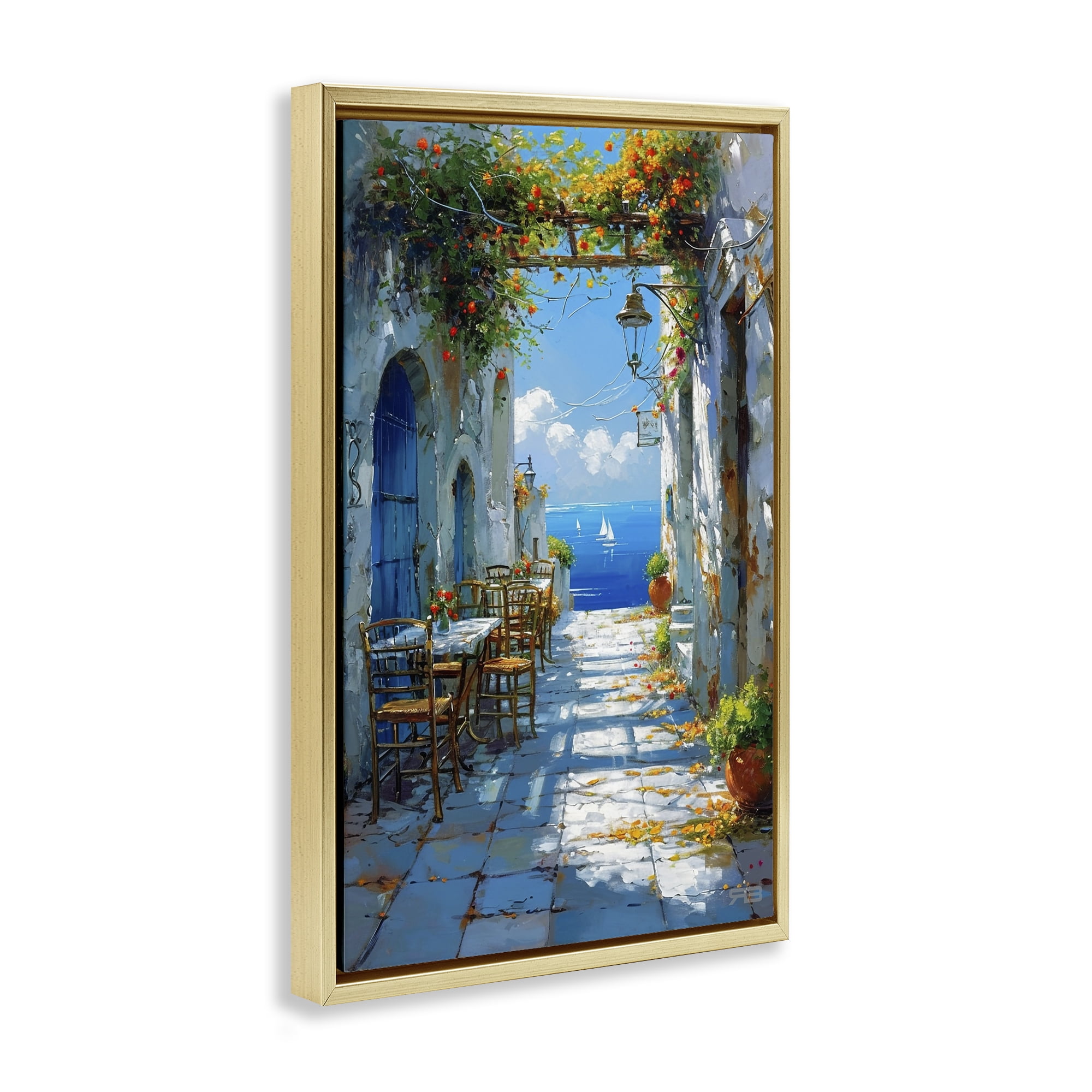 Stupell Industries Quaint Alley by Sea Cities & Countries Painting Gold Floater Framed Canvas Art Print Wall Art, 21 x 31