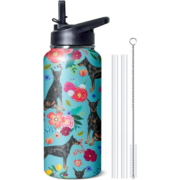 32 oz Doberman Water Bottle Cute Dog Tumbler Doberman Pinscher Gifts Insulated Water Bottle with Straws and Flip Lid Stainless Steel Dog Travel Cup