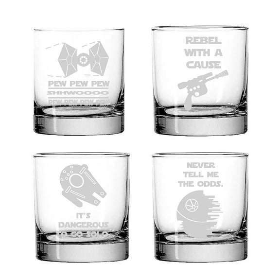Pew Pew Pew Whoosh Wars Whiskey Glass Set of 4,  Engraved Funny Sci-fi Space Star Noises Wars Rocks Glasses