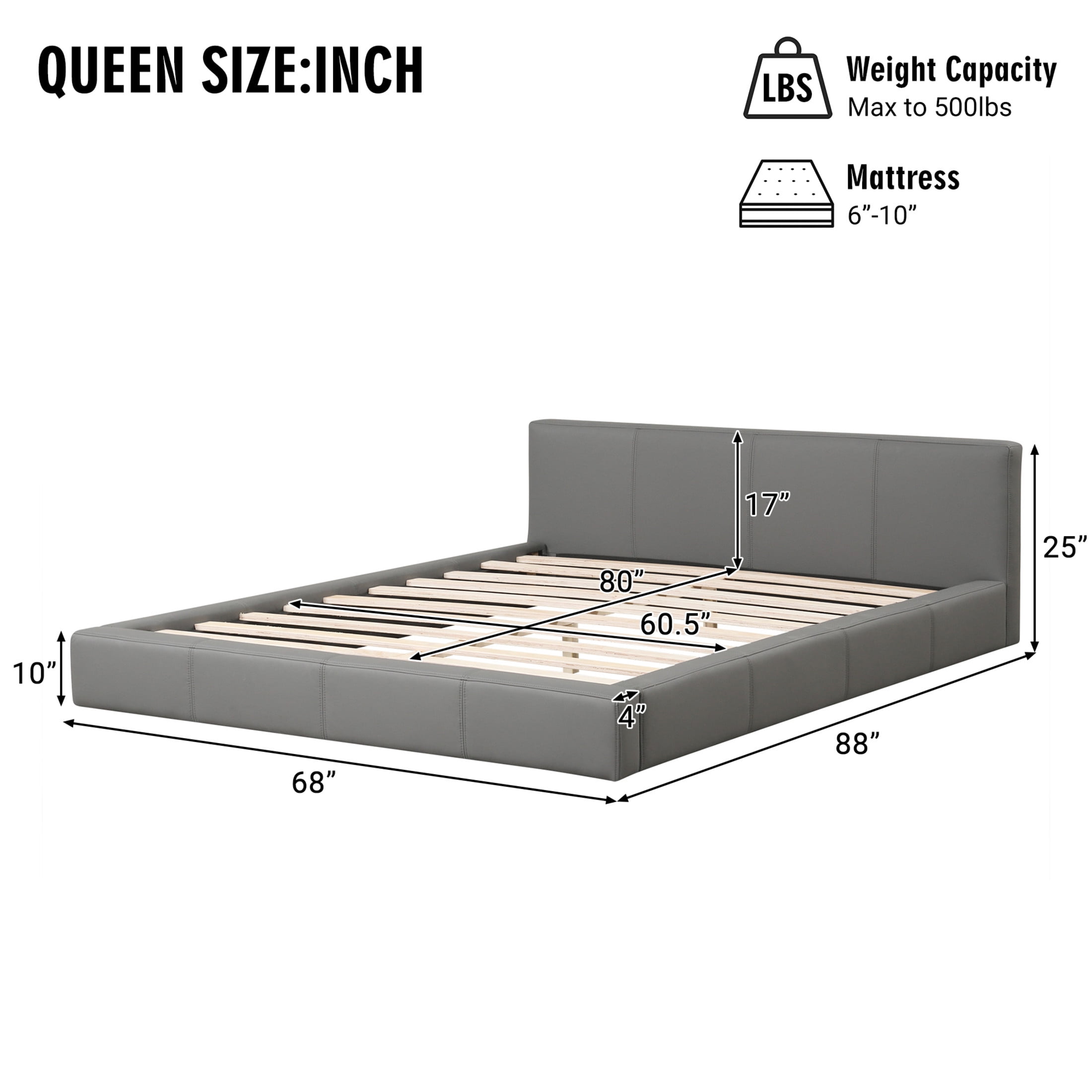 Hayes Modern Queen Size PU Upholstered Bed, Platform Bed with Solid Wood Frame, Gray