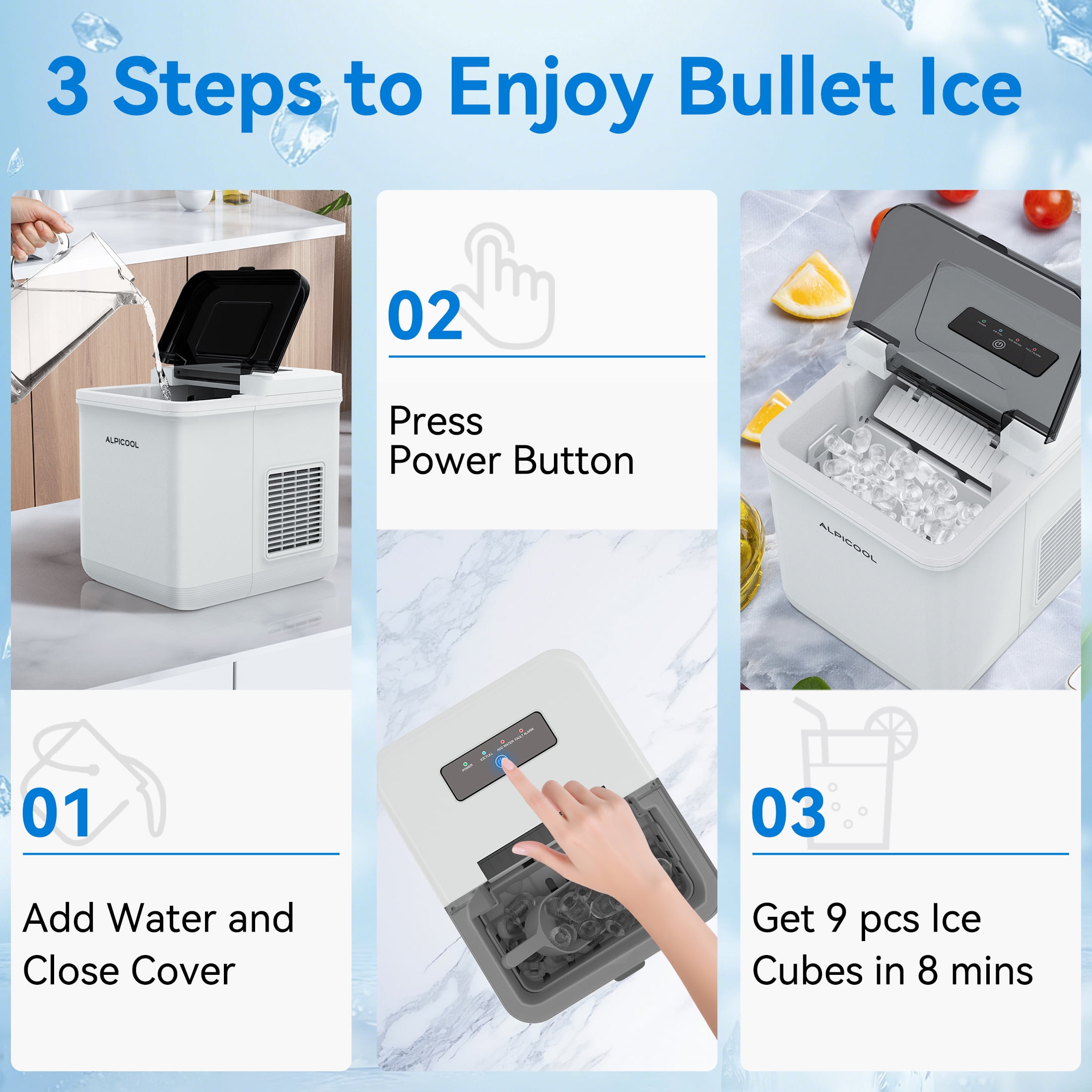 Alpicool Nugget Ice Maker 9 Bullet Cubes in 8 Mins, 24lbs/24H, 12V/24V/240V Portable Ice Machine with Basket and Scoop, for Home/Car/Kitchen/RV/Camping/Bar