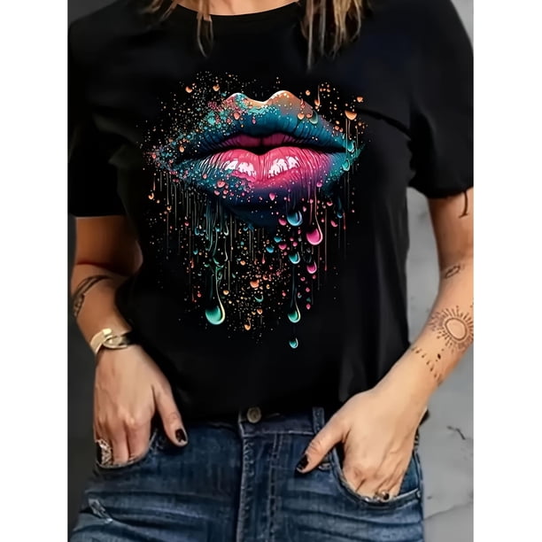 Camiseta de Mujer de Verano BásicaWomen'S Fashion Teardrop Lips Printed T Shirt, Simple Casual Round Neck Comfortable T Shirt, Women'S Casual Sports Outdoor T ShirtFather's Day, Mother's Day, New Ye