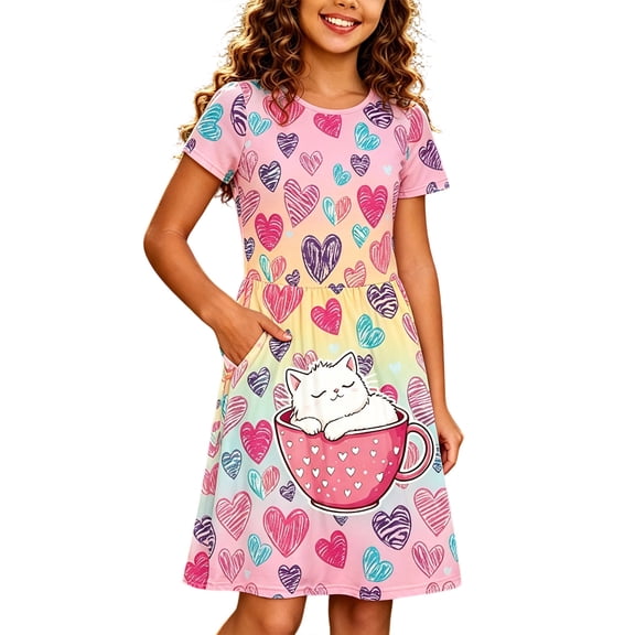 Angala Girls Dresses Crew Neck A Line Dresses Short Sleeve Cartoon Print Summer Cute Dailywear Comfortable Fit Kids Clothes Size 9-10 Years Pink