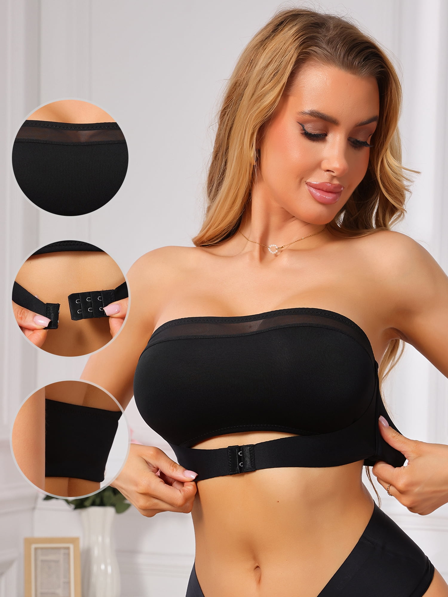 DARING DIVA Women's Mesh Front Strapless Push Up Low Back Seamless Bra S Black
