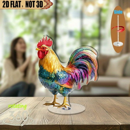 [2D flat] 1PC Rotating acrylic display piece featuring a vibrant rooster with iridescent feathers perfect for home office centerpiece or gift for enthusiasts