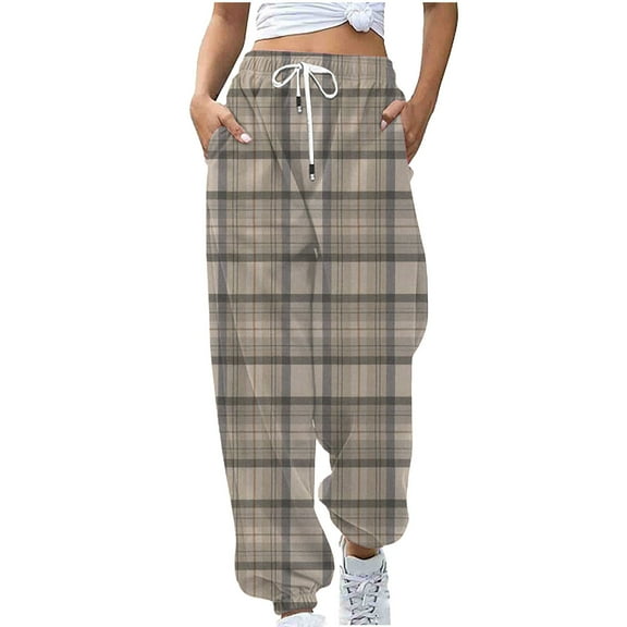 RYRJJ Women's Cinch Bottom Plaid Sweatpants Pockets Drawstring High Waist Sporty Gym Athletic Fit Jogger Pants Lounge Trousers Beige S