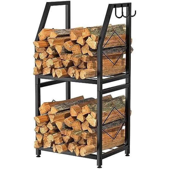 Firewood Rack for Indoor, 2-Tier Firewood Holder with 3 Hanging Hooks, Heavy Duty Wood Rack for Outdoor Patio, Black