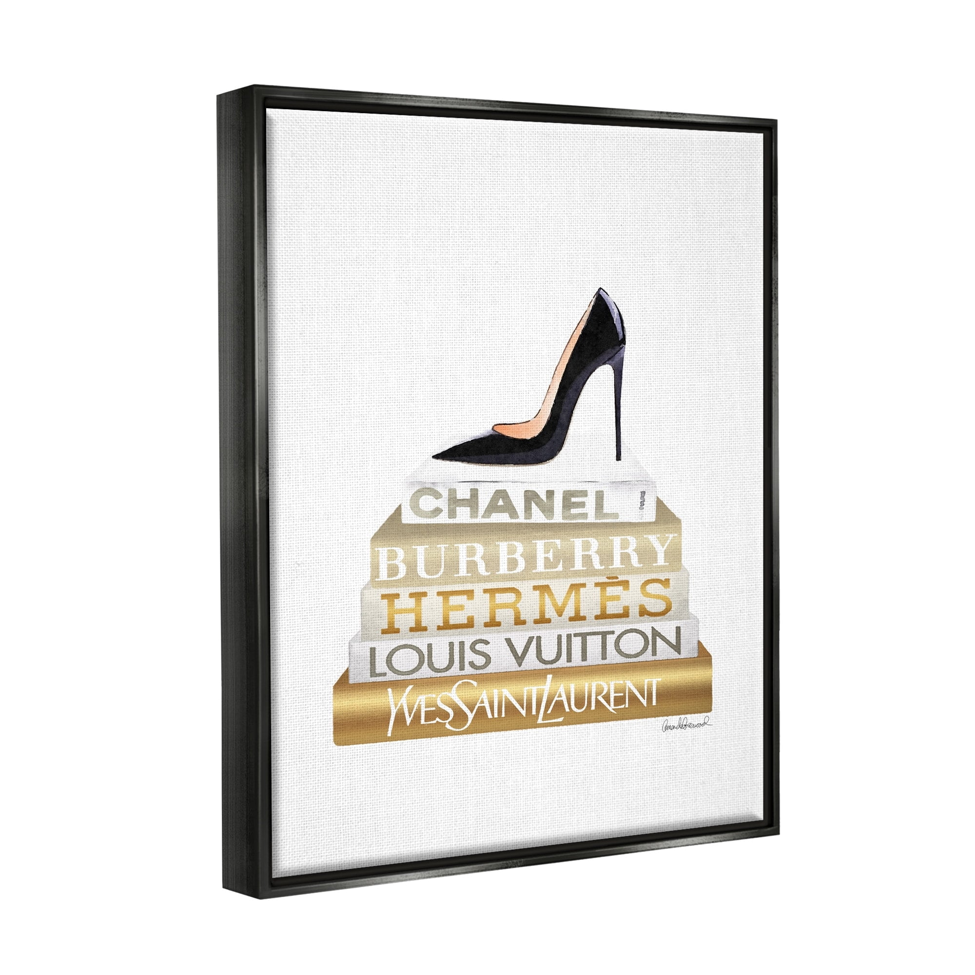 Stupell Industries Black Heels Gold White Bookstack Glam Fashion Design Jet Black Framed Floating Canvas Wall Art, 16x20, by Amanda Greenwood