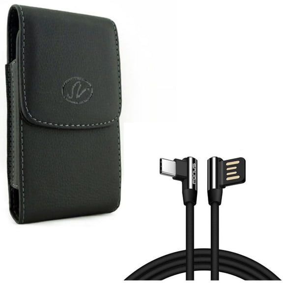 Black Leather Case Cover Pouch w Right Angle 90 Degree L-Shape 10ft Long Type-C USB Cable Sync Wire V3N for Acer Liquid Jade Primo - Alcatel Idol 4S - ASUS ROG Phone, ZenFone AR 6 5z 4 Pro