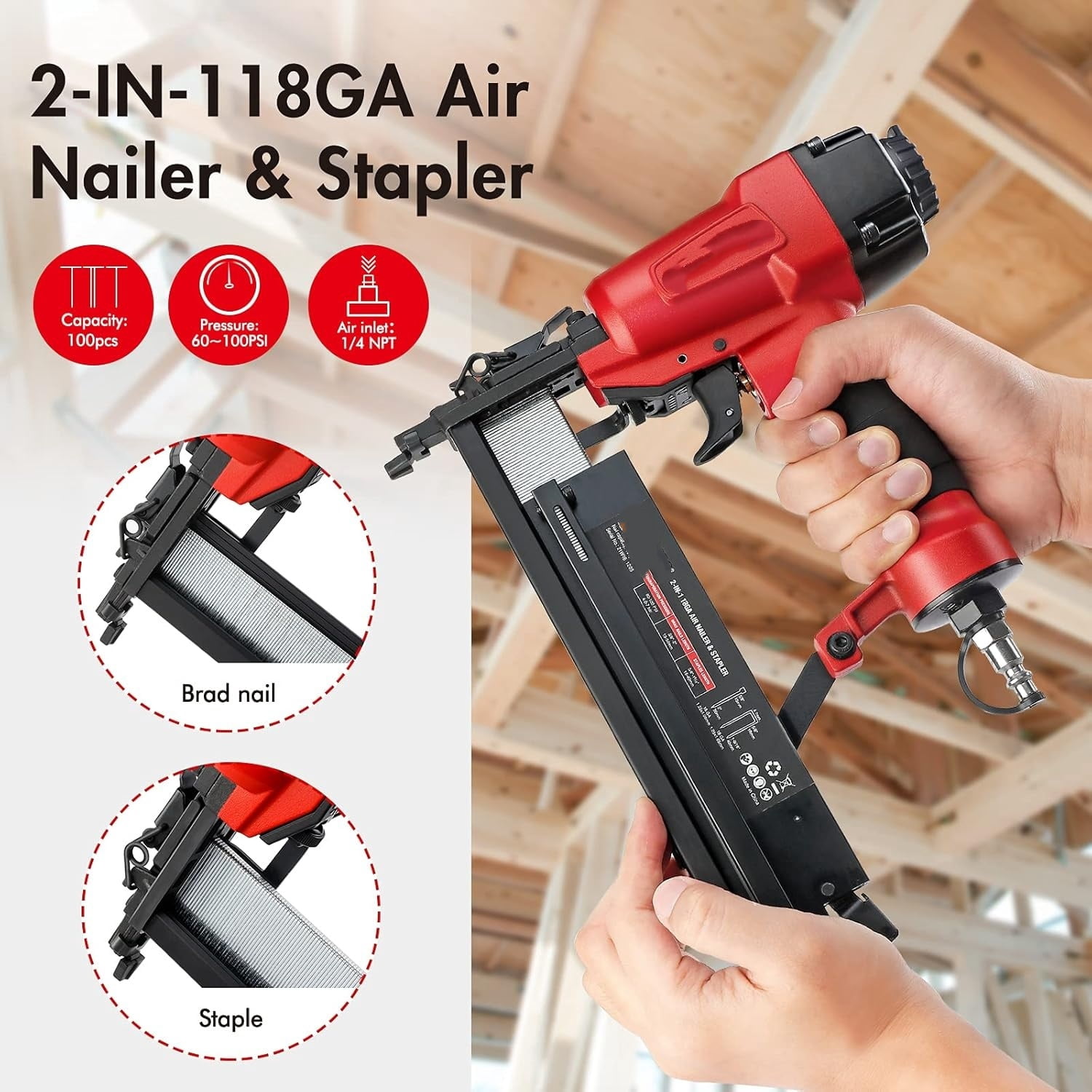 Pneumatic Brad Nailer, 18 GA, 2 in 1 Nail Gun and Crown Stapler, with 400pcs Nails/ 300pcs Staples, for Carpentry, DIY Project, Woodworking
