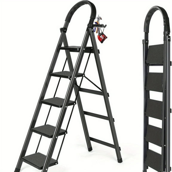 5 Step Ladder with Anti-Slip Pedal - Folding Step Stool with Tool Tray 300 LBS Portable Steel Ladder for Adults for Home Kitchen Library Office (5 Step) (D5-HEI)