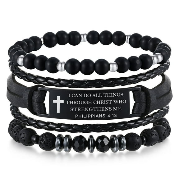 Christian Bible Verse Bracelets for Men, 3 Pcs Inspirational Religious Scripture Quotes Black Onyx Lava Rock Bead Cross Braided Leather Jesus Bracelet, First Communion Confirmation Baptism Gifts