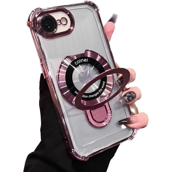 Magnetic Stand Case for iPhone 16e (2025), [Compatible with MagSafe] Shockproof Ring Holder Kickstand Soft Plating Case Camera Protector Thin Clear Soft Phone Cover for iPhone 16e 6.1", Pink