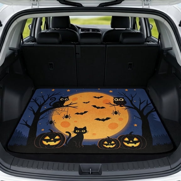 SEANATIVE 29" x 39" Car Trunk Mat All Weather Cargo Mat Universal Fit Cargo Liner Anti-Slip Backing Rear Cargo Mats Auto Interior Accessories for Halloween, Black Cat Owl Moon Bat Print
