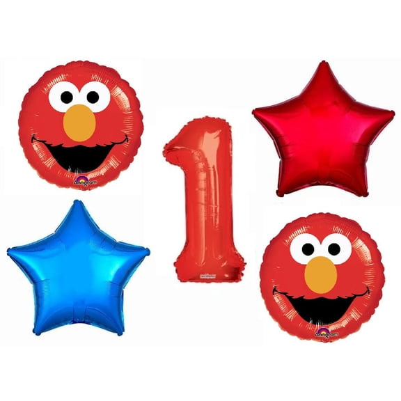 Elmo and Cookie Monster 1st #1 Birthday Party Sesame Street 5 Piece Mylar Balloon Set