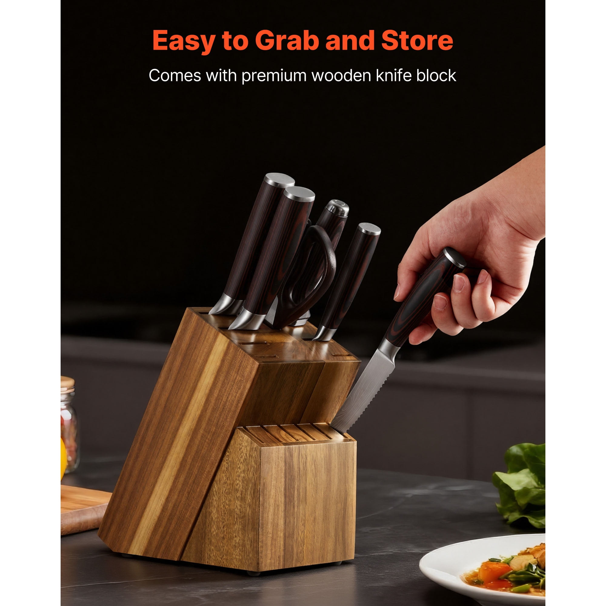 KFFKFF 15-Piece High Carbon Stainless Steel Knife Set with Wooden Block and Sharpener, Durable Kitchen Cutlery Featuring Ergonomic Handles, Rust-Resistant Design, Sharpening Rod, Ideal for Home Use