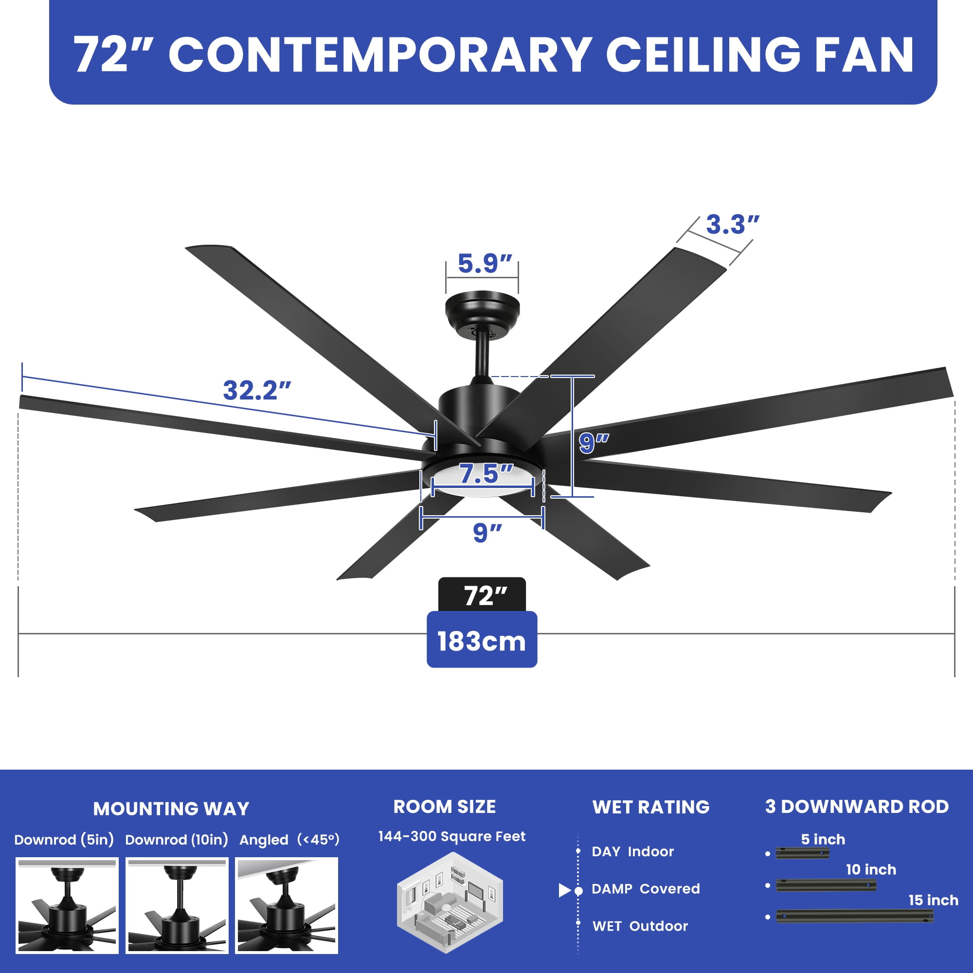 ModFusion 72" Black Ceiling Fan with LED Light & Remote, 8-Blade Industrial Design, Quiet Reversible Airflow, 3 Light Colors