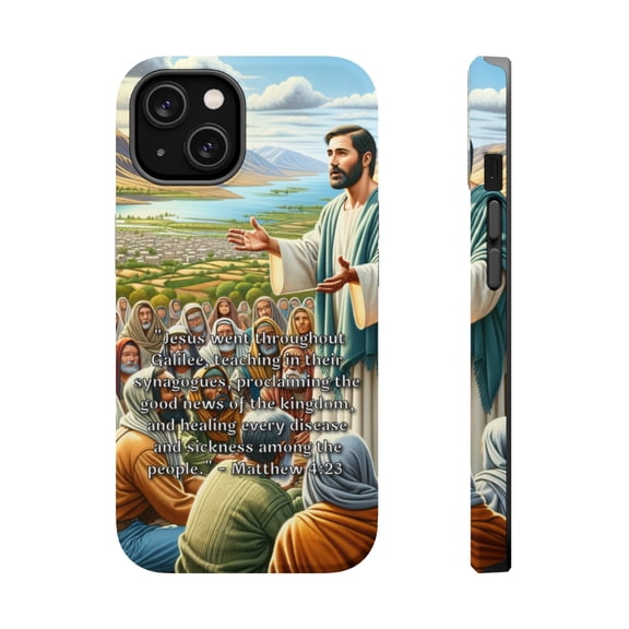DistinctInk Tough Case for Apple iPhone 15 (6.1" Screen), Compatible with MagSafe Charging - Jesus' Ministry: Teaching, Proclaiming, Healing - Matthew 4:23
