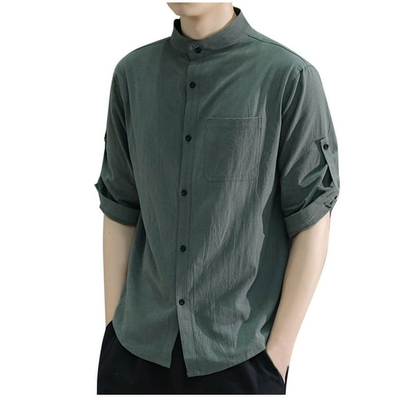 Dagegui Men's Cotton Linen Shirts Collared Half Sleeve Button Down Shirt with Pocket Army Green,M