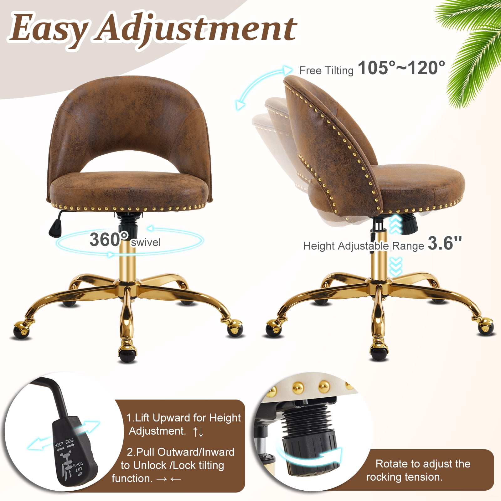 Ktaxon Office Desk Chair Adjustable Bronzing Cloth Fabric Computer Task Chair Small Rolling Vanity Stool with Wheels for Study Make-up Dressing Room Brown