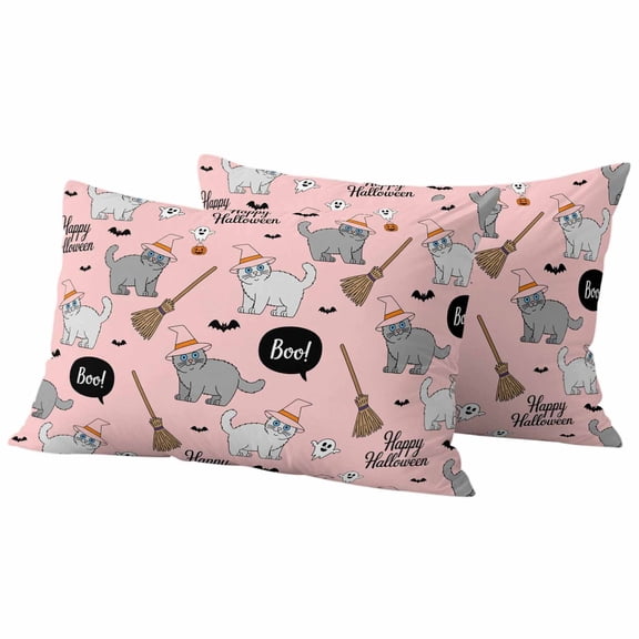 Pink Halloween Outdoor Waterproof Pillow Covers, Cat Bat Ghost Pumpkins Decorative Rectangle Throw Pillowcase Sofa Cushion Sham for Patio/Couch/Chair, 20"x12" 2 Pack
