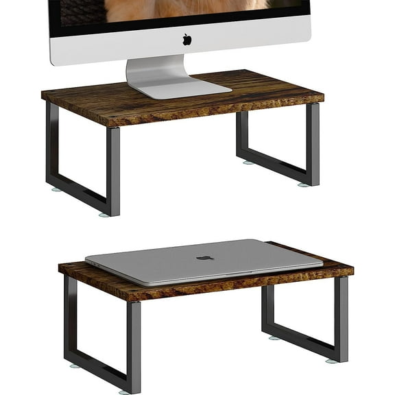 2 Pack Monitor Stand Riser, Wood Desk Storage Organizer for Office Laptop, Computer, Antique Brown