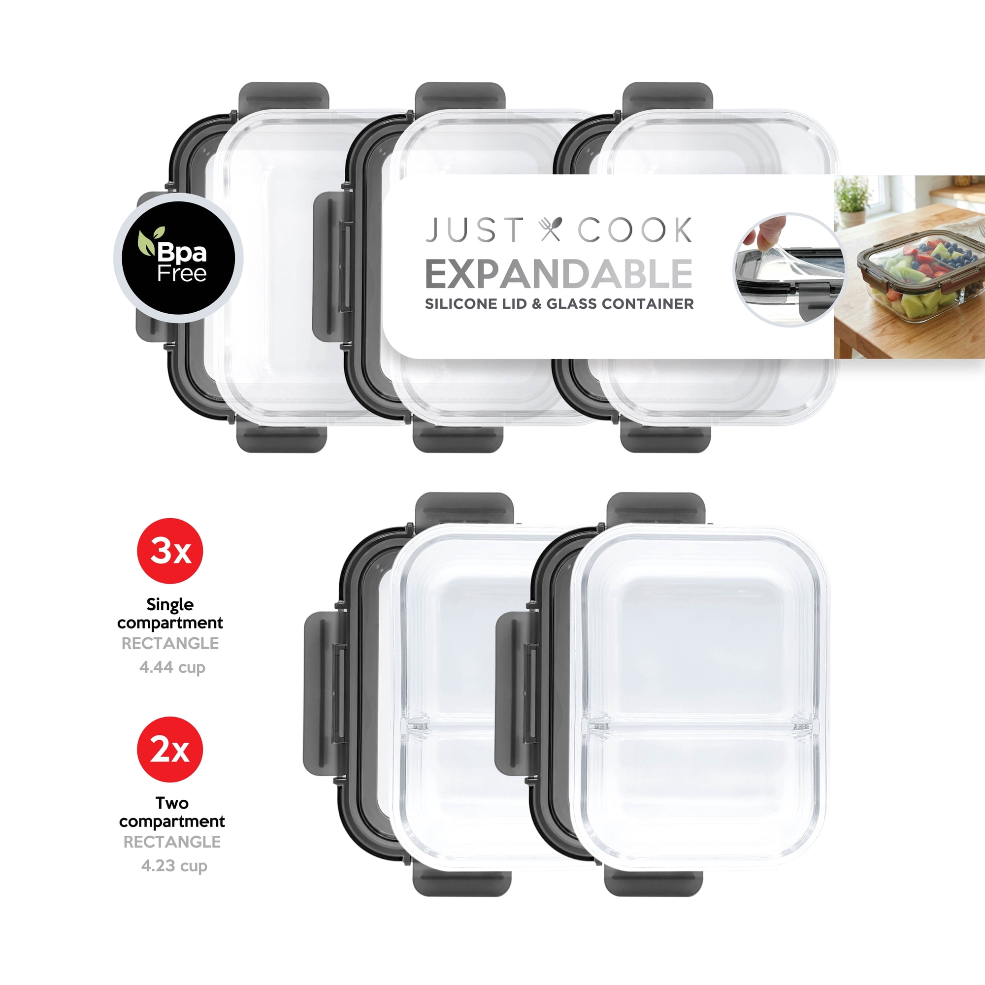 Just Cook Glass Food Storage Container Set with Expandable Lids for Meal Prep, 10 Pack