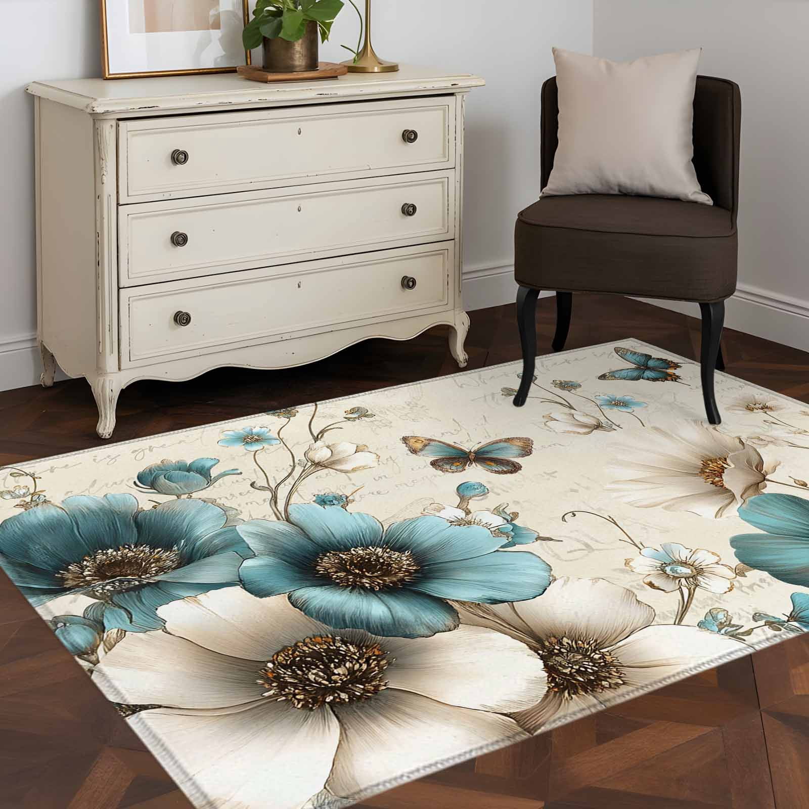 Teal Tulip Butterfly Area Rugs 4'x6', Washable Small Throw Rugs for Office Bathroom, Turquoise Floral Farmhouse Beige Indoor Outdoor Rug Non-Slip Low Pile Carpet Runner Reversible Floor Mats