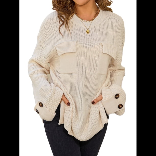 Blusas de Punto para Mujer 2025, Suéter de Cuello Redondo de Larga Extragrande, Blusas Informales de Negocios, Suéter Básico. Albaricoque XL