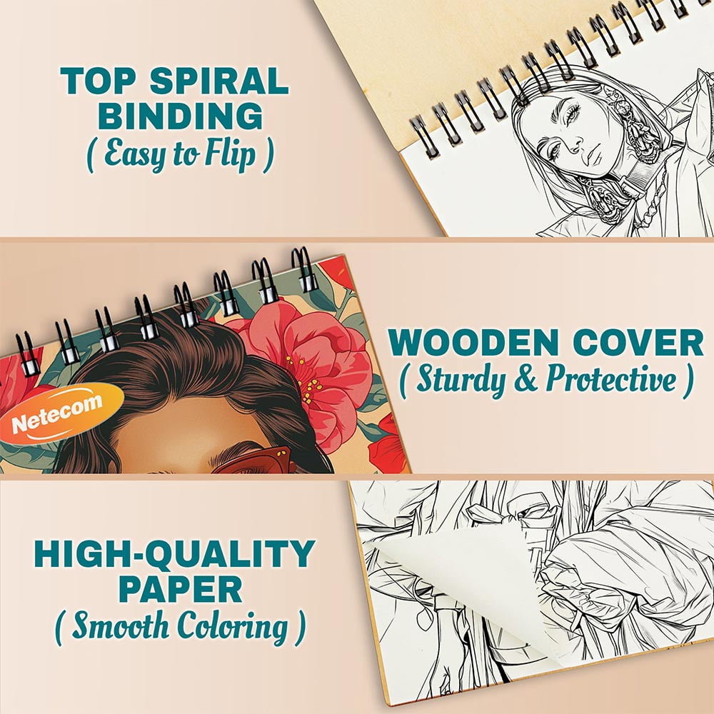 Netecom Fashion Coloring Book Spiral Bound For Adults, A5 Wooden Cover, 30 Elegant Coloring Pages of High-End Fashion for Stress Relief and Relaxation