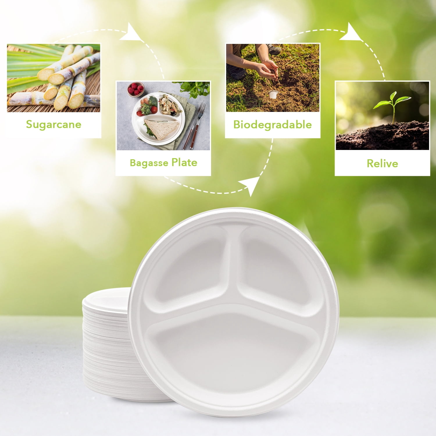 Three Leaf 10” 3-Compartment Bagasse Round Disposable Plates 150 Ct Heavy-Duty Super Strong White Eco-Friendly Biodegradable Compostable Sugarcane Plates for Parties Catering BBQ and Events