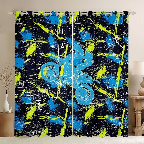 Castle Fairy Dirt Bike Pattern Black Out Curtains for Teens, Graffiti Print Curtains Pack of 2 (42x63 Each) for Bedroom, Blue Yellow