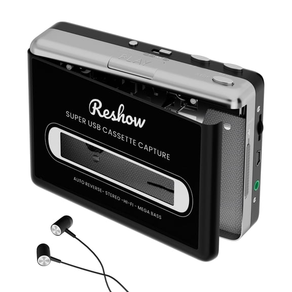 Reshow Portable Cassette Player, USB Cassette to MP3 Converter, Tape Digitalizer for Laptop and PC, Black