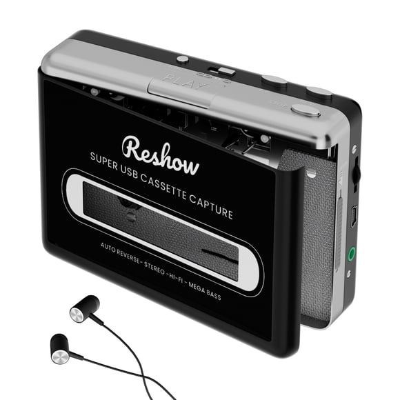 Reshow Reproductor de Casetes Laptop, Convertidor de Casete USB a MP3, Digitalizador de Cinta para Laptop y PC, Negro