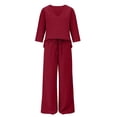 thumbnail image 3 of Gytharion 2 Piece Casual Loose Outfits for Women Summer Soild Color Sets V Neck 3/4 Sleeve Tops with Drawstring Wide-leg Long Pants, 3 of 4