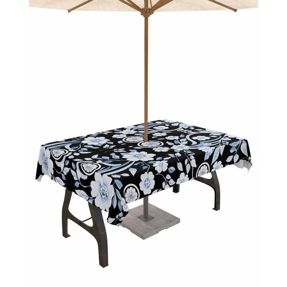 Outdoor Tablecloth with Umbrella Hole for Patio/Picnic/Party/Camping, Black Blue Floral Waterproof Table Cloth Rectangle Table Cover Washable, Vintage Pastoral Botanical Leaves 52"x 70"