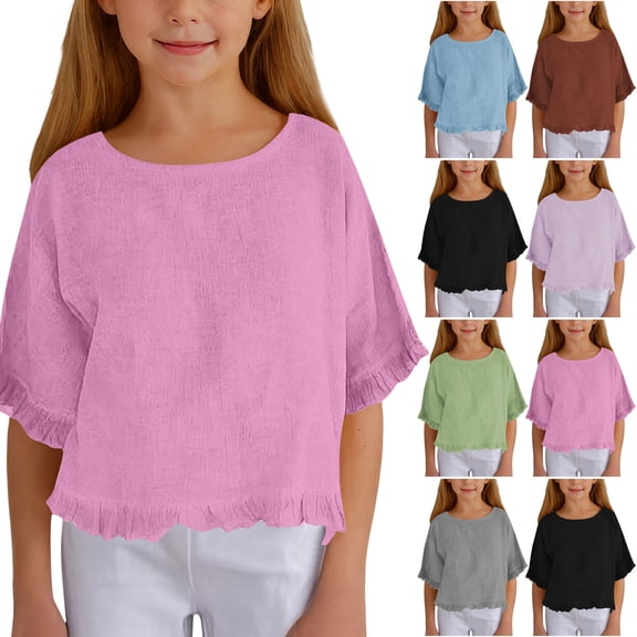 Faraee Cotton Linen Shirts for Girls 2026 3/4 Sleeve Ruffle Hem Oversized Blouse Kids Loose Fit Crewneck Tops for Summer Beach Vacation 5-15 Years Black