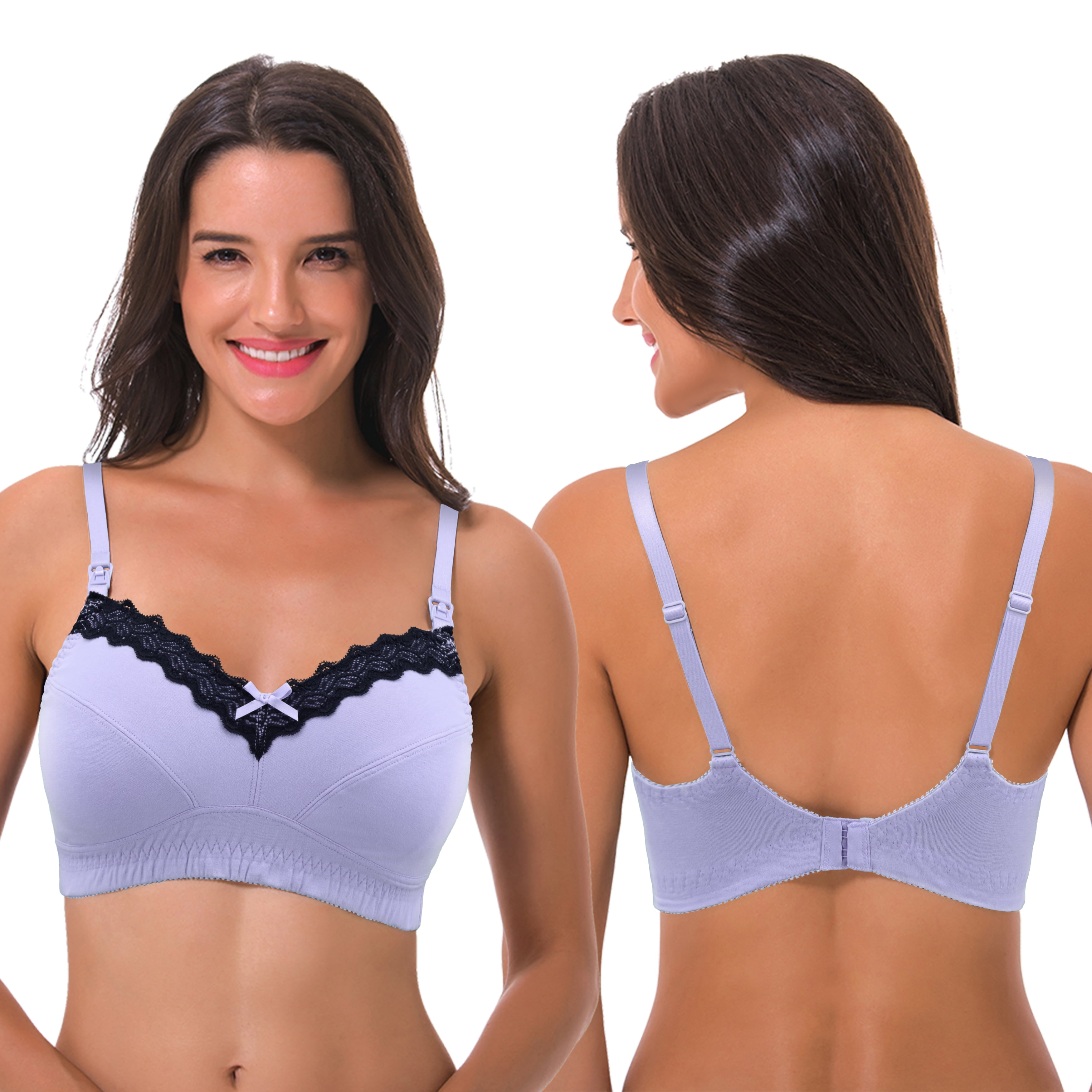Curve Muse Women's Nursing Plus Size Wirefree Cotton Bra With Upper Lace-3Pack-LAVENDER,PINK,IVORY-34C