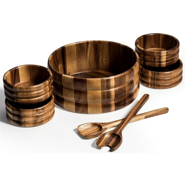 7 Piece Extra Large Solid Wood Salad Bowl with Servers & 4Individuals