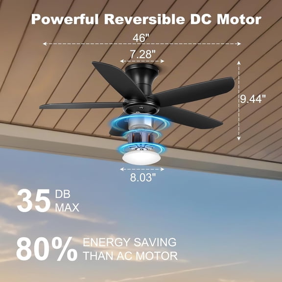 Inch Flush Mount Ceiling Fan with Lights, Remote APP Control Dimmable Quiet  Motor Indoor for Bedroom Kitchen Black