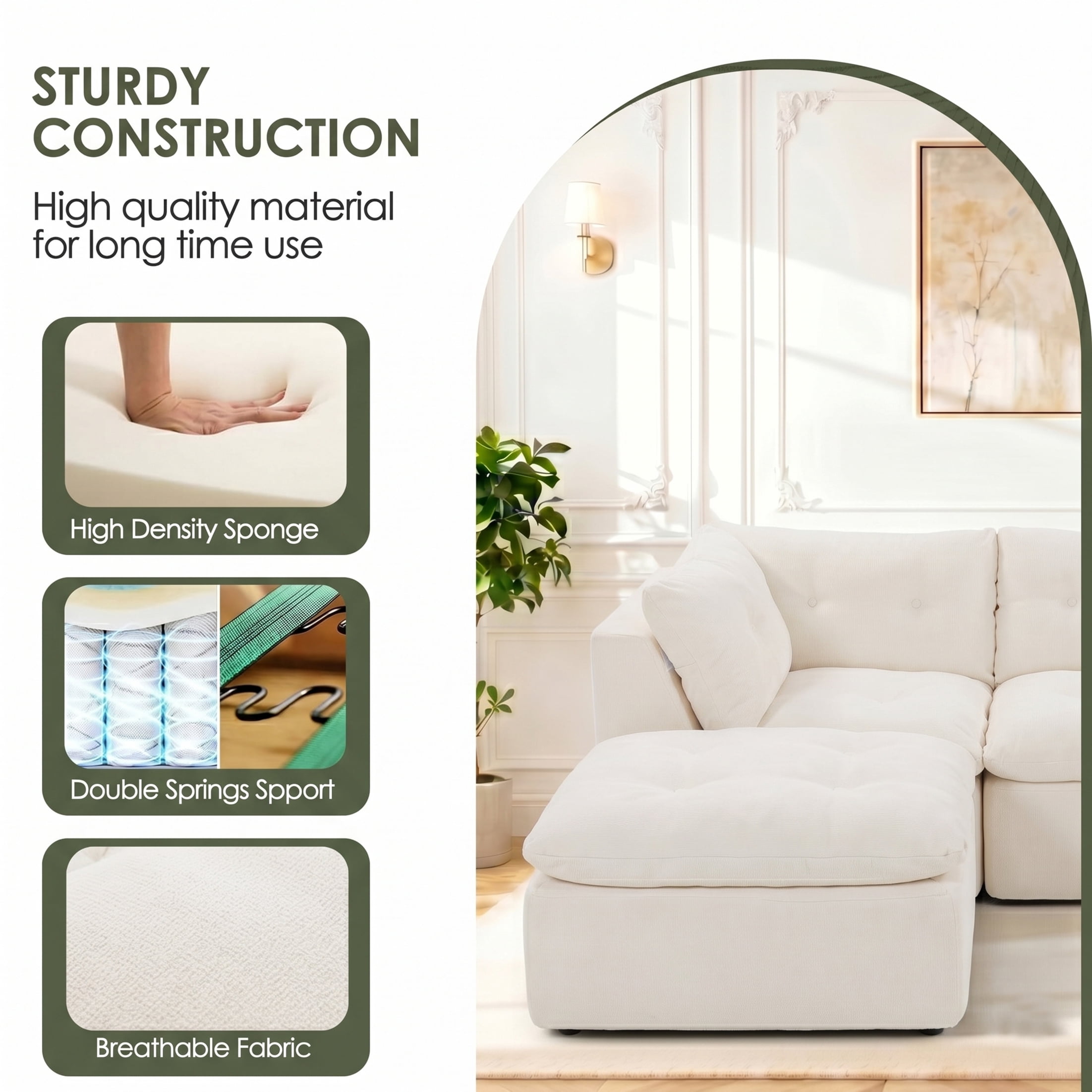 AISWORD Modular Sectional Sofa, Deep Seat Cloud Couch with Ottoman, 4-Seater Convertible L-Shaped Chenille Fabric Couch, Oversized Comfortable Frame-Free Set for Living Room, No Assembly, White