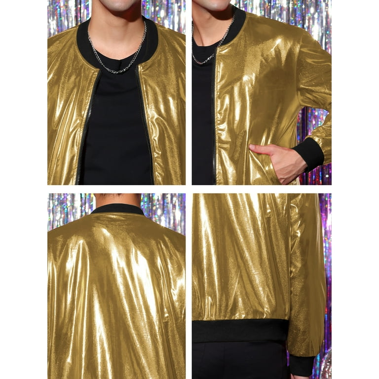 Men Metallic Shiny Silver Gold Lightweight Slim Fit Bomber Jacket